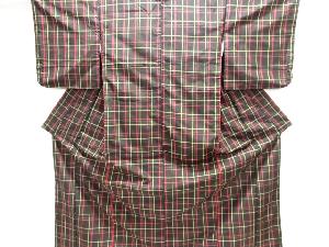 アンティーク　格子模様織出し米沢紬着物